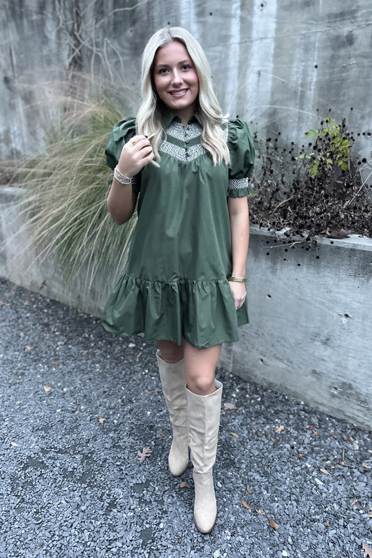 On My Side Embroidered Dress- Olive