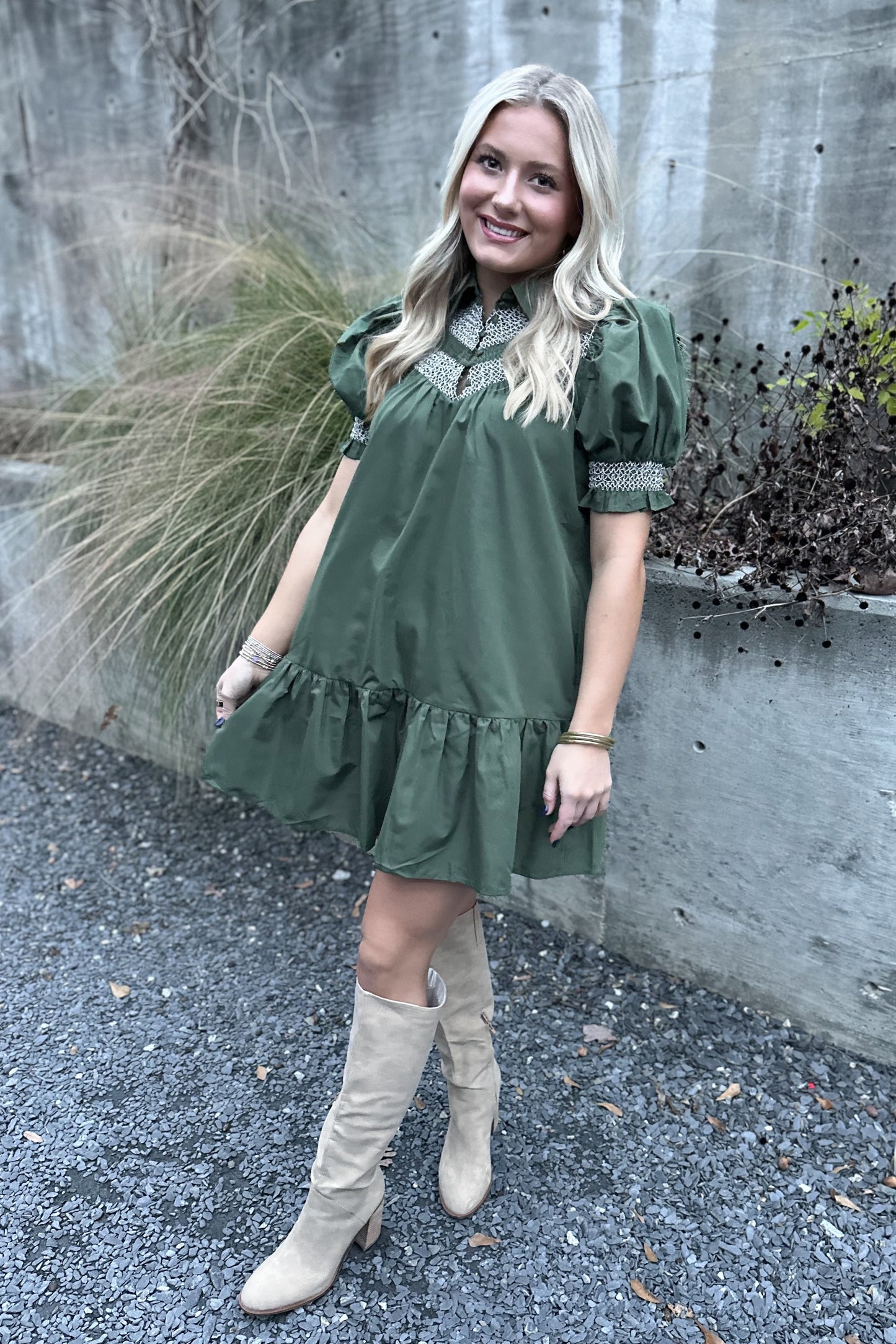 On My Side Embroidered Dress- Olive