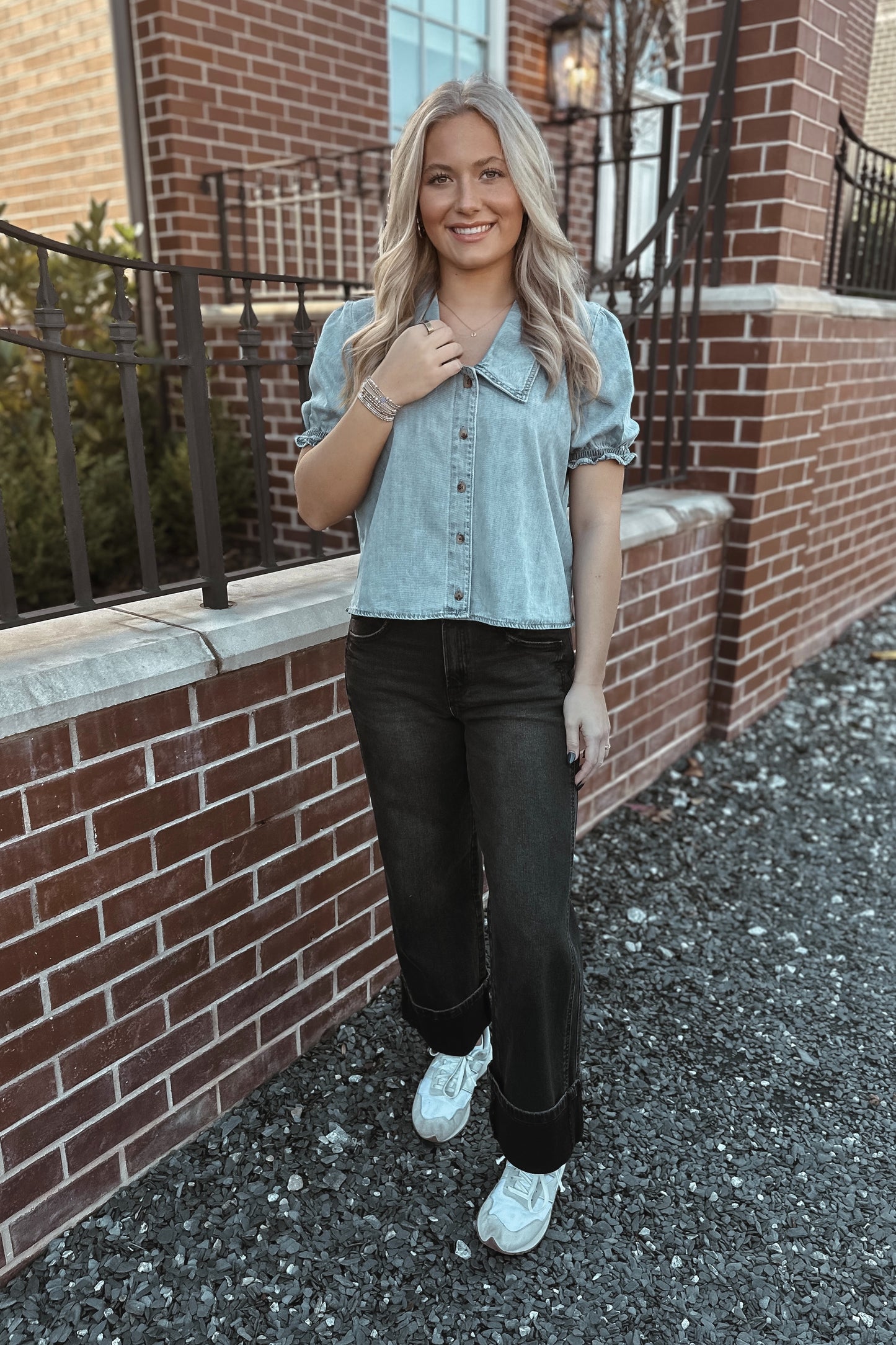 Shopping Around Denim Button-Up Top