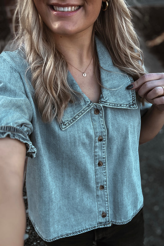 Shopping Around Denim Button-Up Top