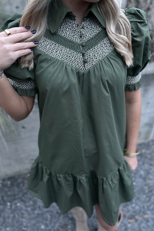 On My Side Embroidered Dress- Olive