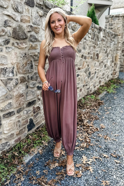 Dorothy Smocked Jumpsuit in Mocha