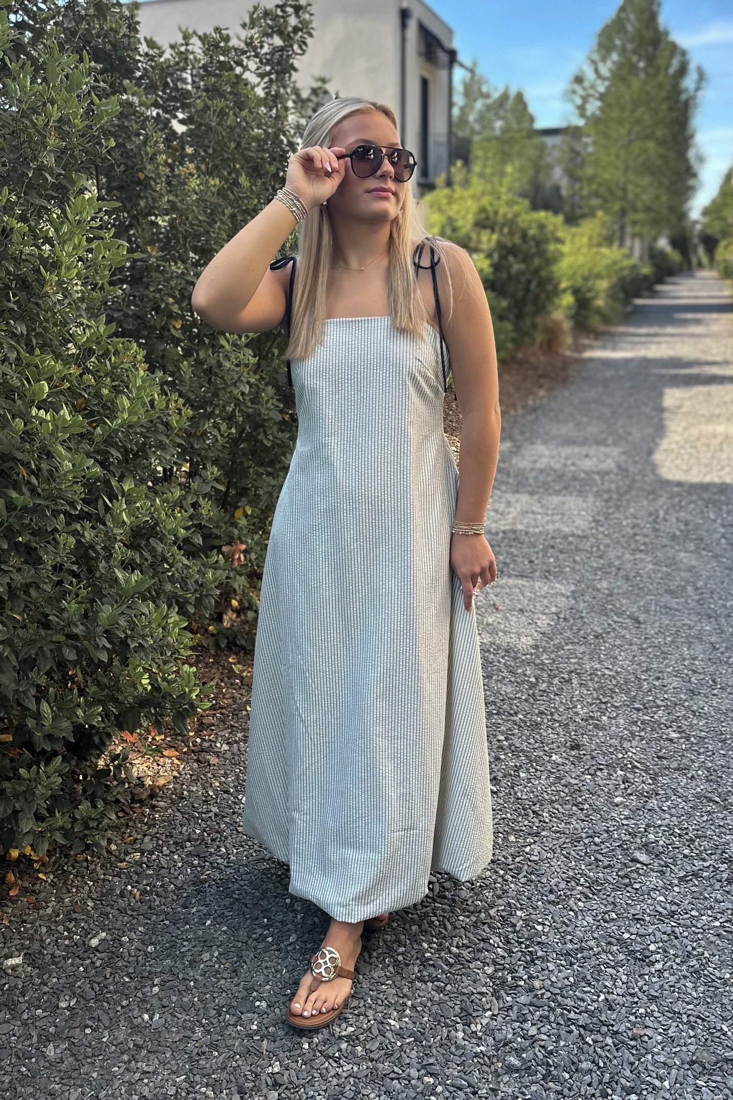 Stevie Striped Bubble Midi Dress – Leyland Blue