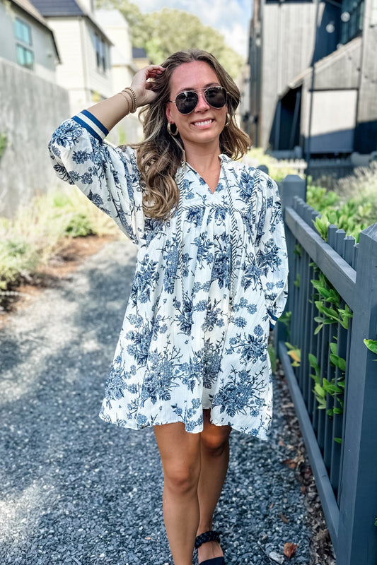 Dove Floral Mini Dress in Blue Grey