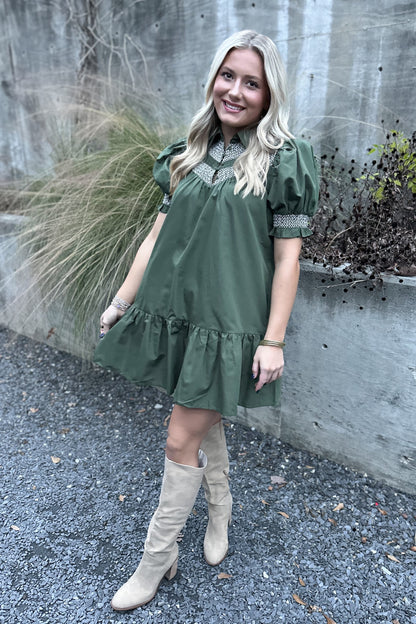 On My Side Embroidered Dress- Olive