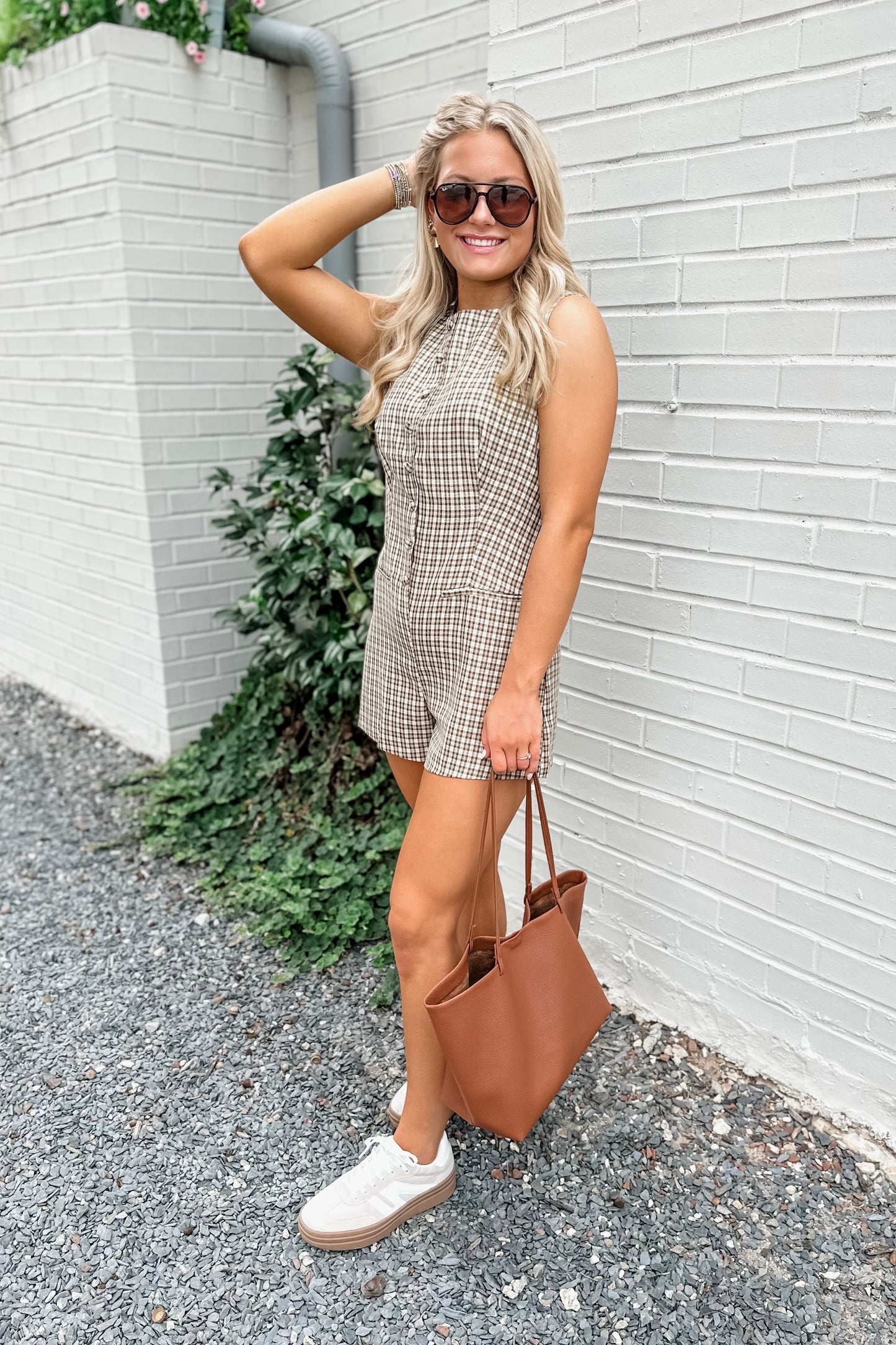 Jenna Gingham Romper in Brown