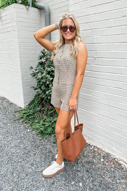 Jenna Gingham Romper in Brown