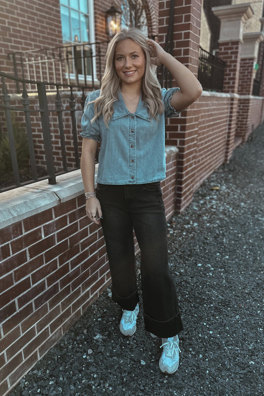 Shopping Around Denim Button-Up Top