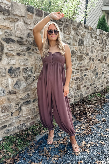 Dorothy Smocked Jumpsuit in Mocha
