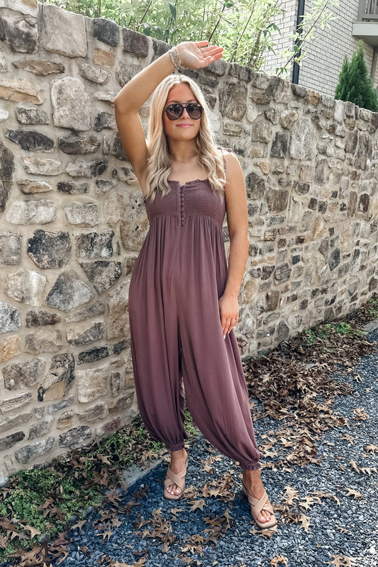 Dorothy Smocked Jumpsuit in Mocha