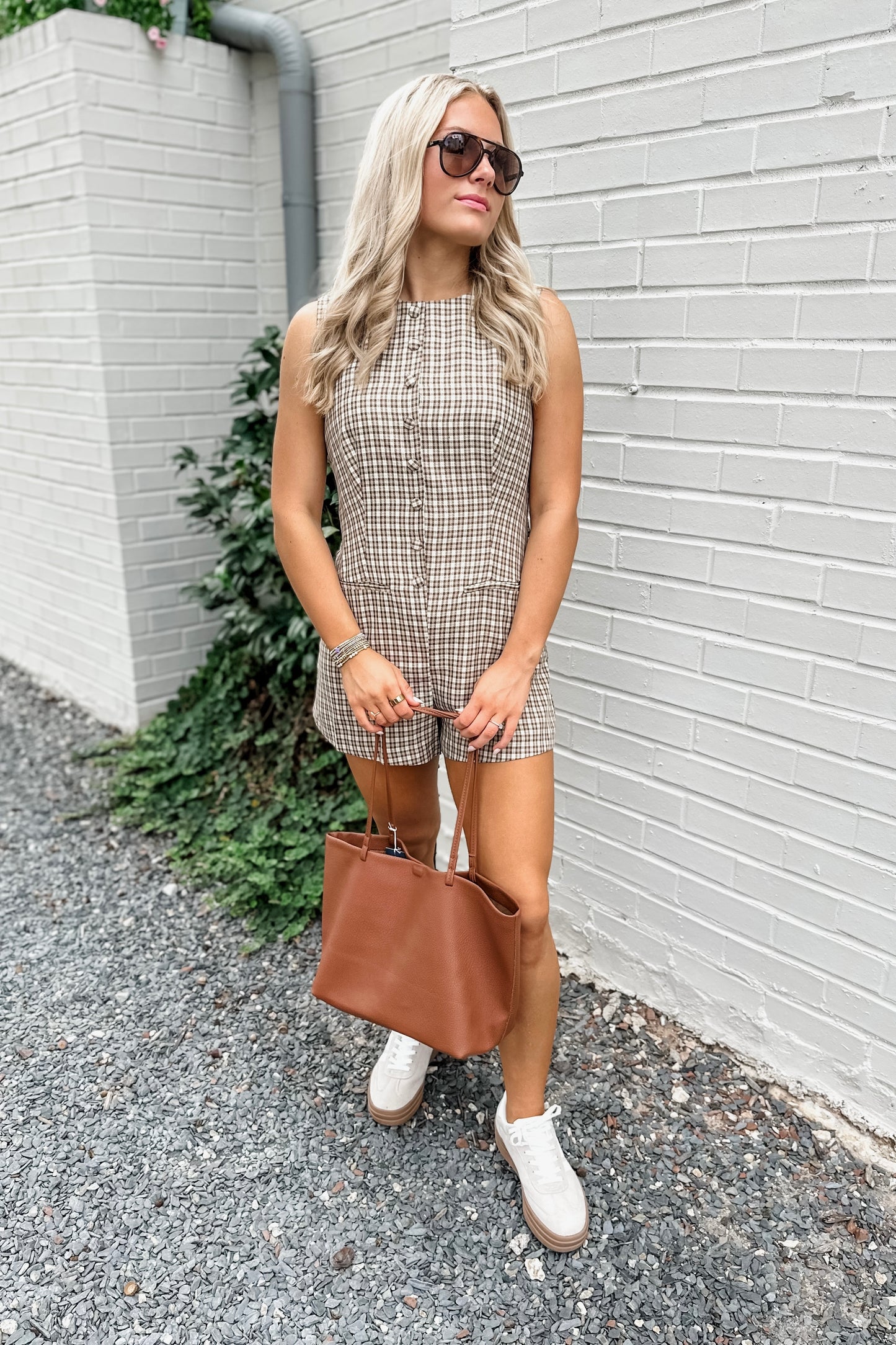 Jenna Gingham Romper in Brown