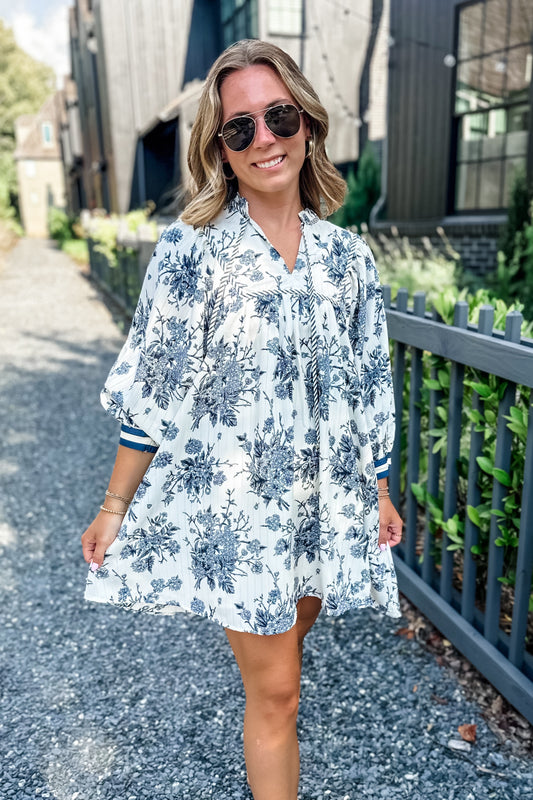 Dove Floral Mini Dress in Blue Grey