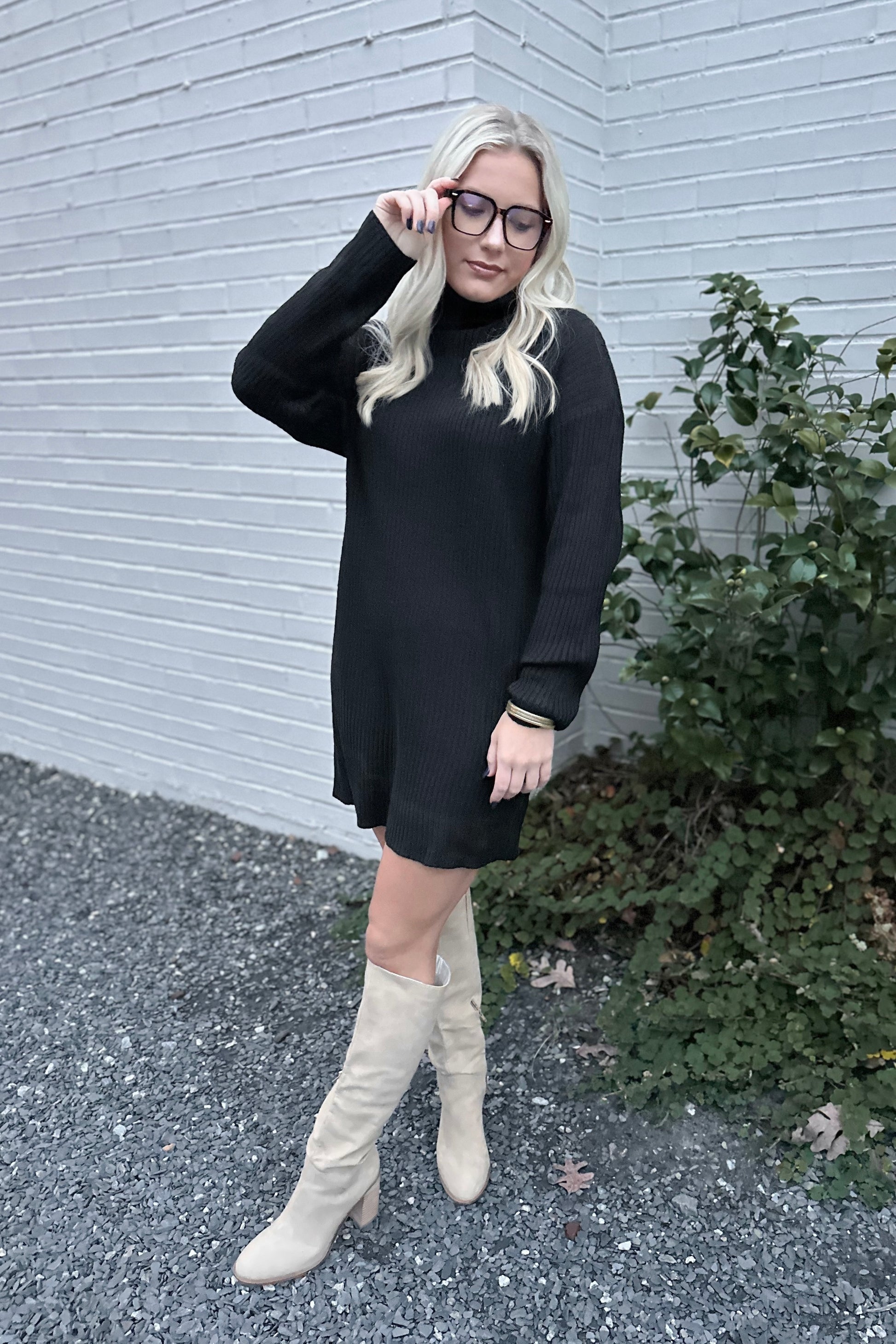 long sweater dress and boots The Way Back Home Sweater Dress- Black M/L dress high slip effortless elegance Leyland Blue