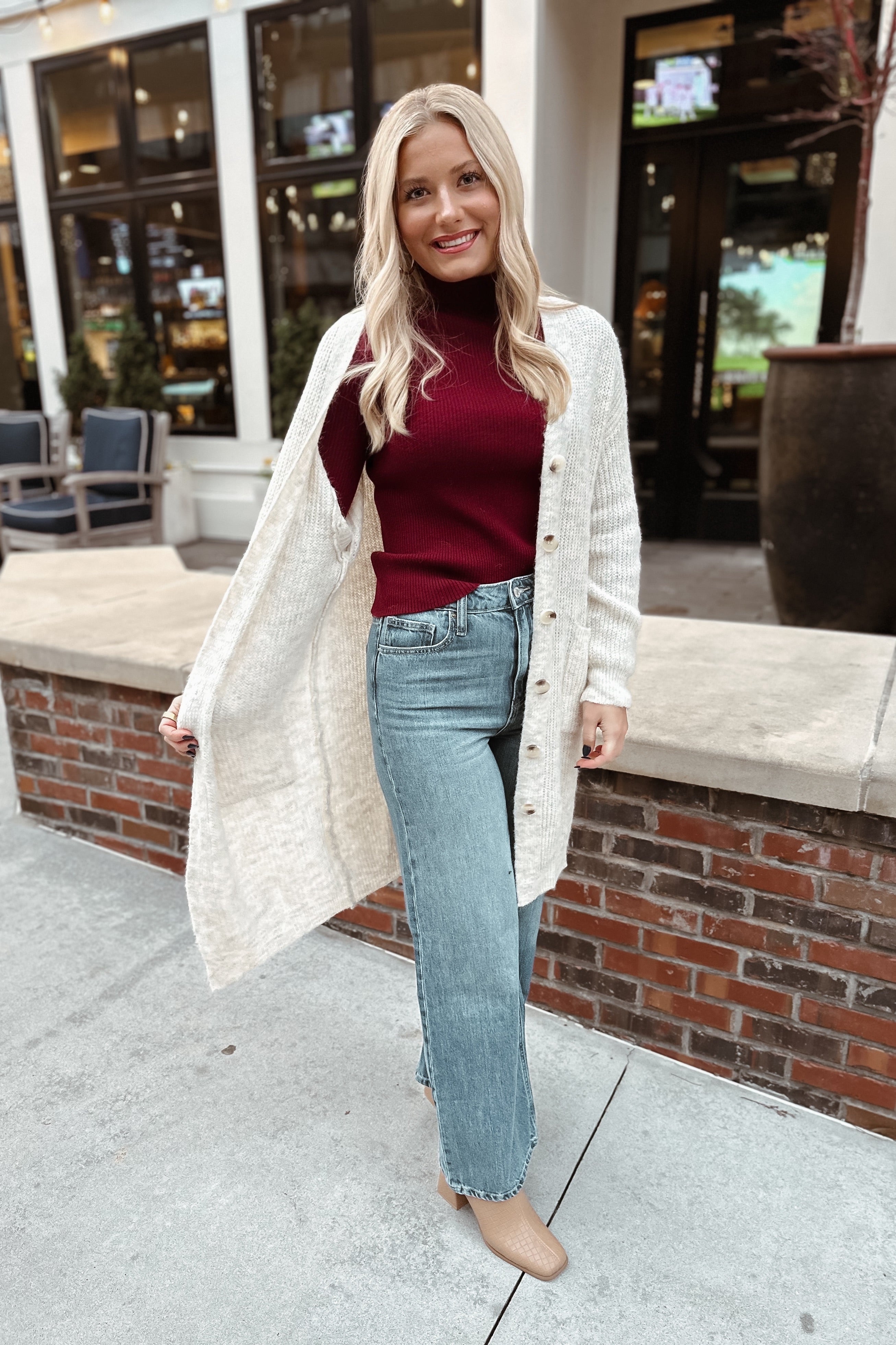 Open to Ideas Ivory Cardigan – Leyland Blue