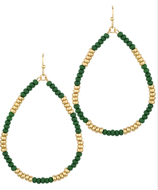 Wood & Metal Bead Teardrop Earrings- Green