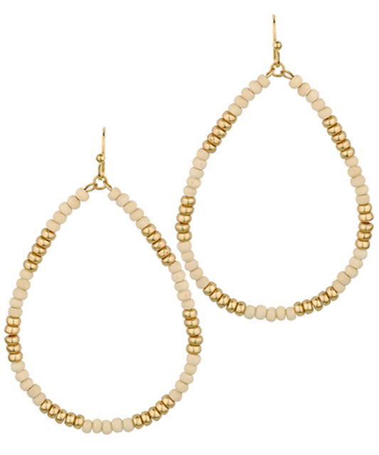 Wood & Metal Bead Teardrop Earrings- Taupe