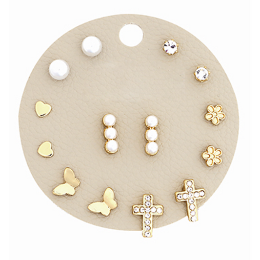 Cross & Pearl Bar Stud Earrings Set