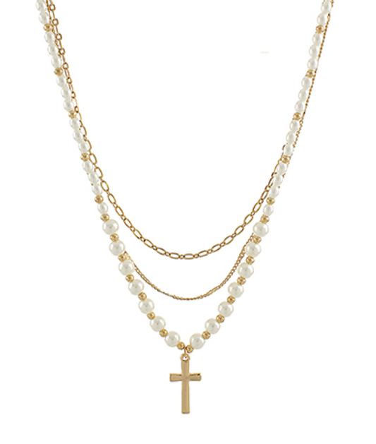 Addie Layered Cross & Pearl Necklace