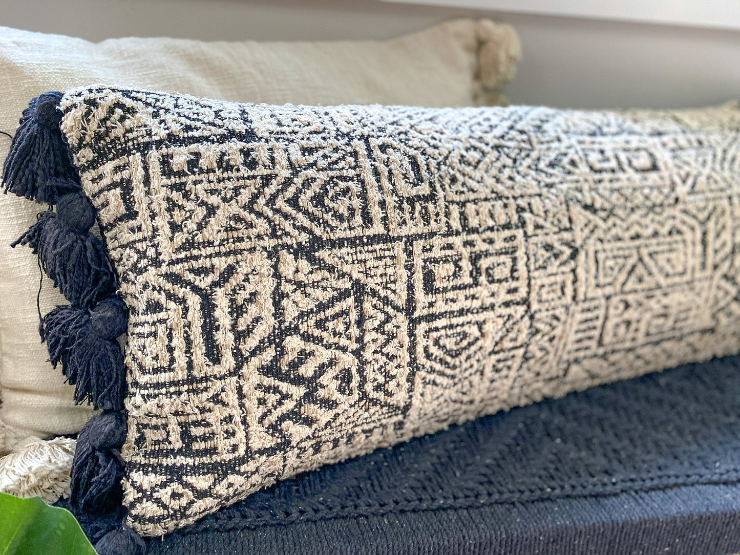 Black & White Patterned Lumbar Pillow - Leyland Blue