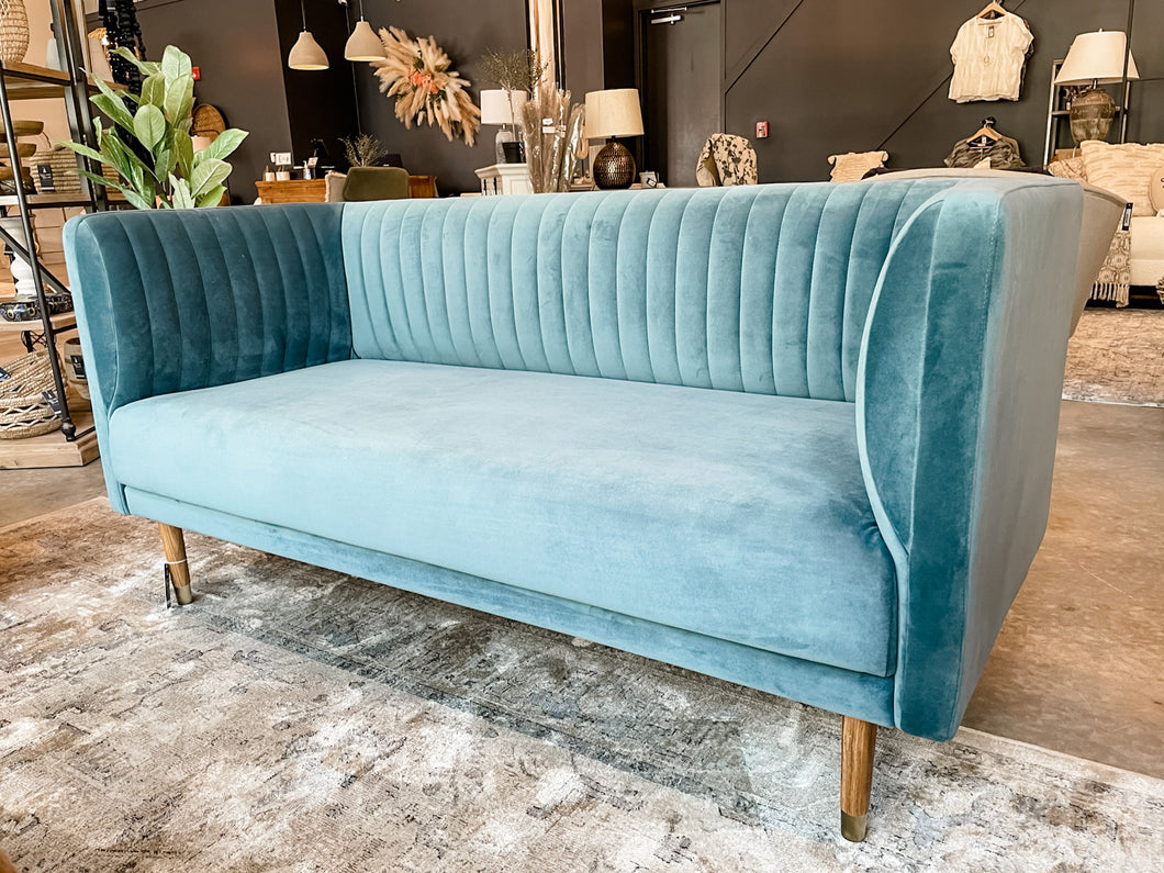 Betsy Blue Velvet Couch (In-store pickup only)