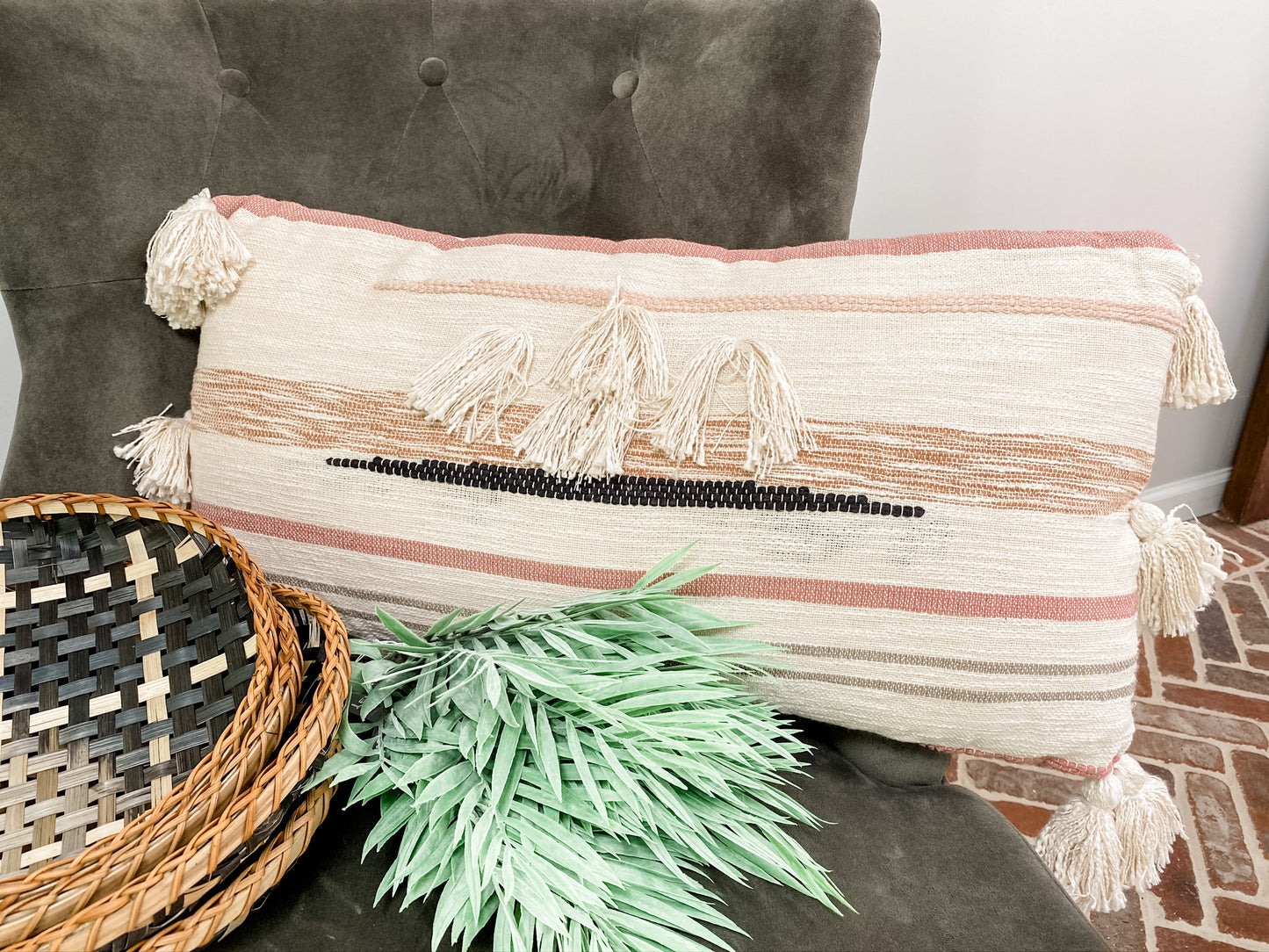 Mauve Fringe & Tassel Lumbar Pillow